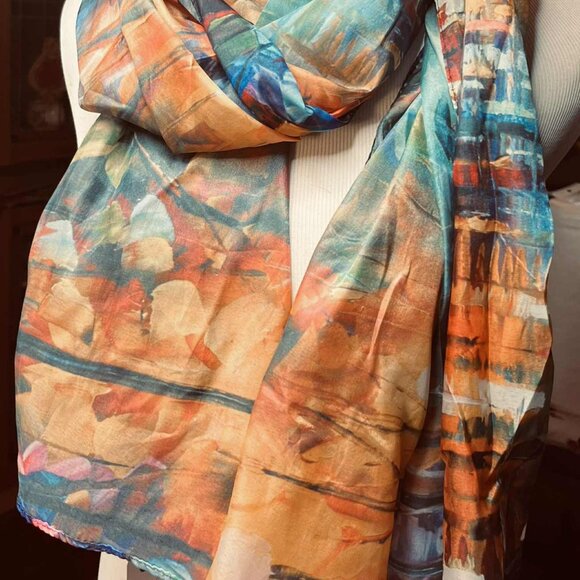 Abstract Art Scarf by Cleo – 2010s – Multicolor Silk Feel – Painterly Pattern - Picture 13 of 16